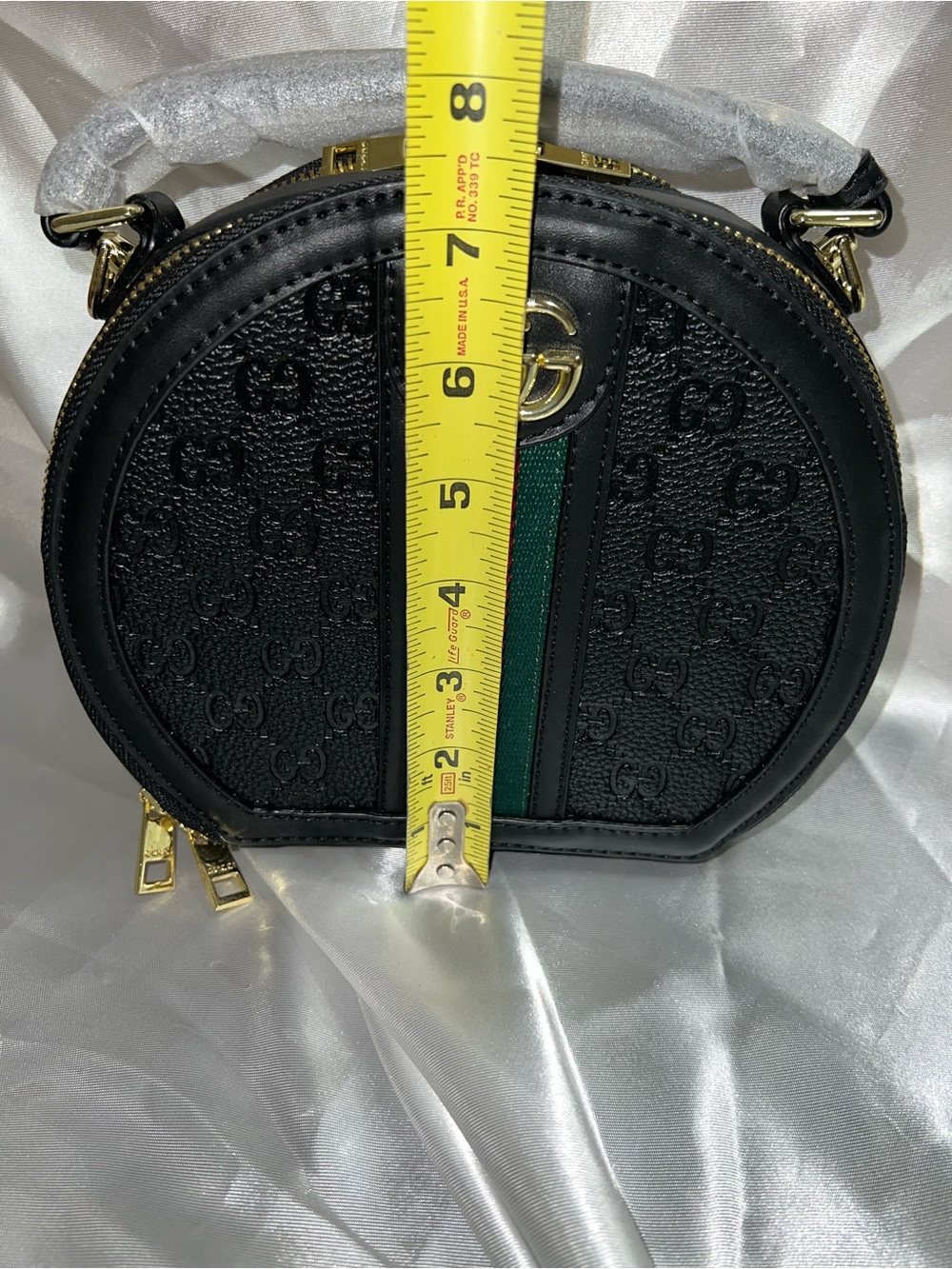 Inspired Black GG Embossed Round Crossbody with Green-Red Stripe - Picture 6 of 6
